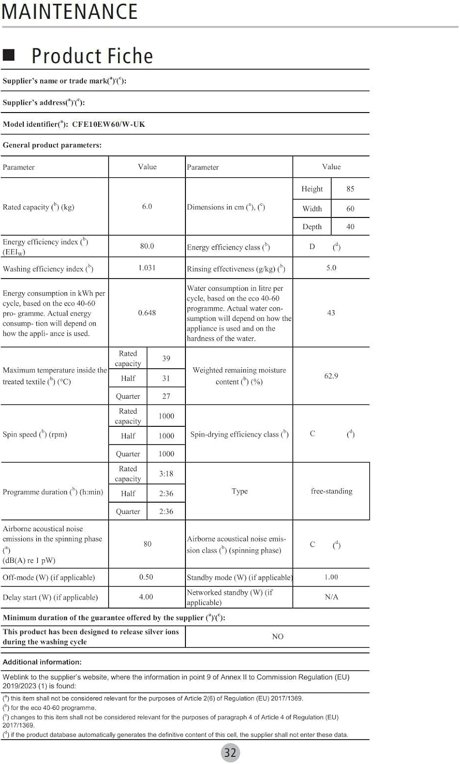 Freestanding Washing Machine,6Kg Load,Heat Wash 90℃,Quick Wash,15 Washing Programs,White-Cfe10Ew60/W