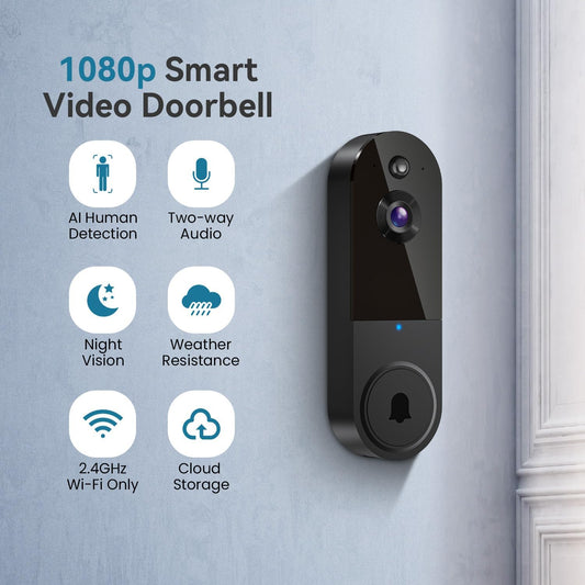 1080P Wireless Video Doorbell Camera, AI Human Detection, Night Vision, 2-Way Audio, Battery Powered, Cloud Storage, 2.4G Wifi, Indoor Outdoor Surveillance (Black)