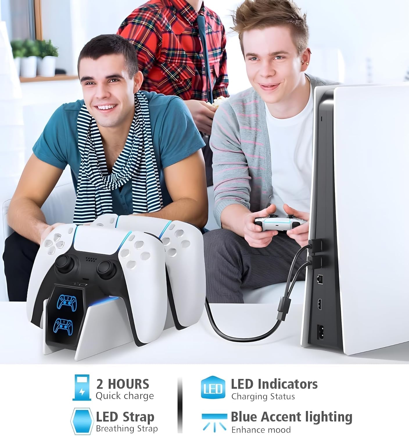 PS5 Charging Station - 2H Fast Controller Charger for Playstation 5 Dualsense, Upgrade Charging Dock with 2 Types of Cable for Dual Controllers