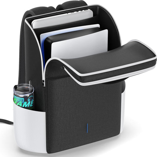 PS5/ Slim/ Pro Console Backpack, PS5 Travel Bag with Full Protection, Large Capacity PS5 Carry Bag, PS Portal, Laptop, Game Card, Playstation 5 Backpack with 3 Cable Pockets-White