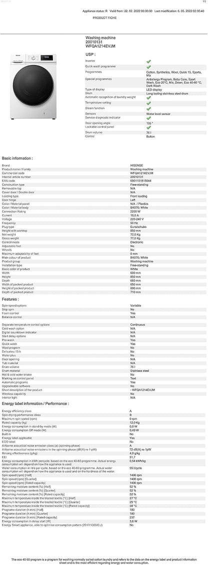 WFQA1214EVJM Freestanding 12 KG Front Load Washing Durable Inverter Machine Steam Wash Quick Wash 15 Washing Programs 1400 RPM White Energy Rating A