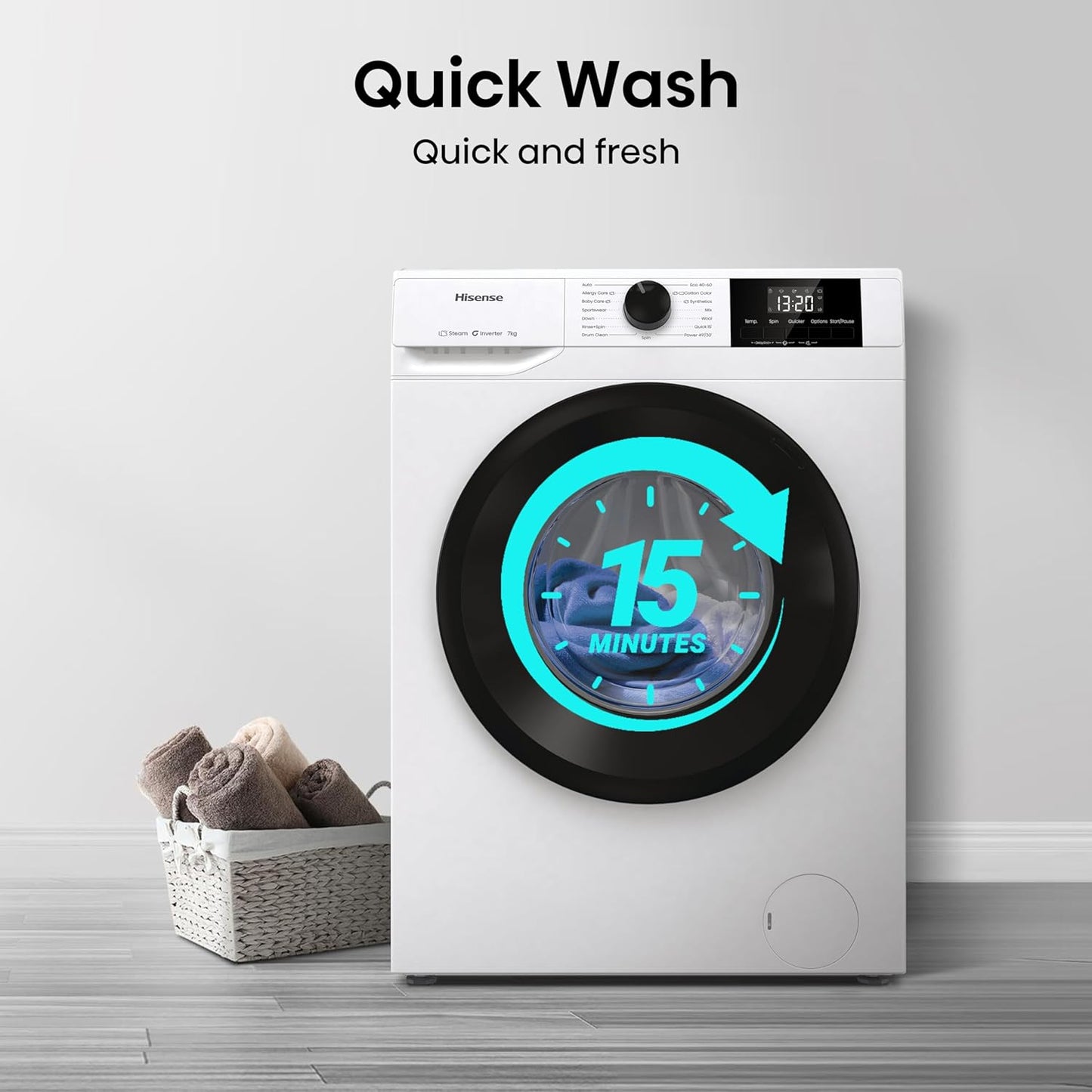 WF1G7021BW Freestanding 7 Kg-Front Load Durable Inverter Washing Machine, Steam Wash-Quick Wash-15 Washing Programs-1200 Rpm-White-Energy Rating B
