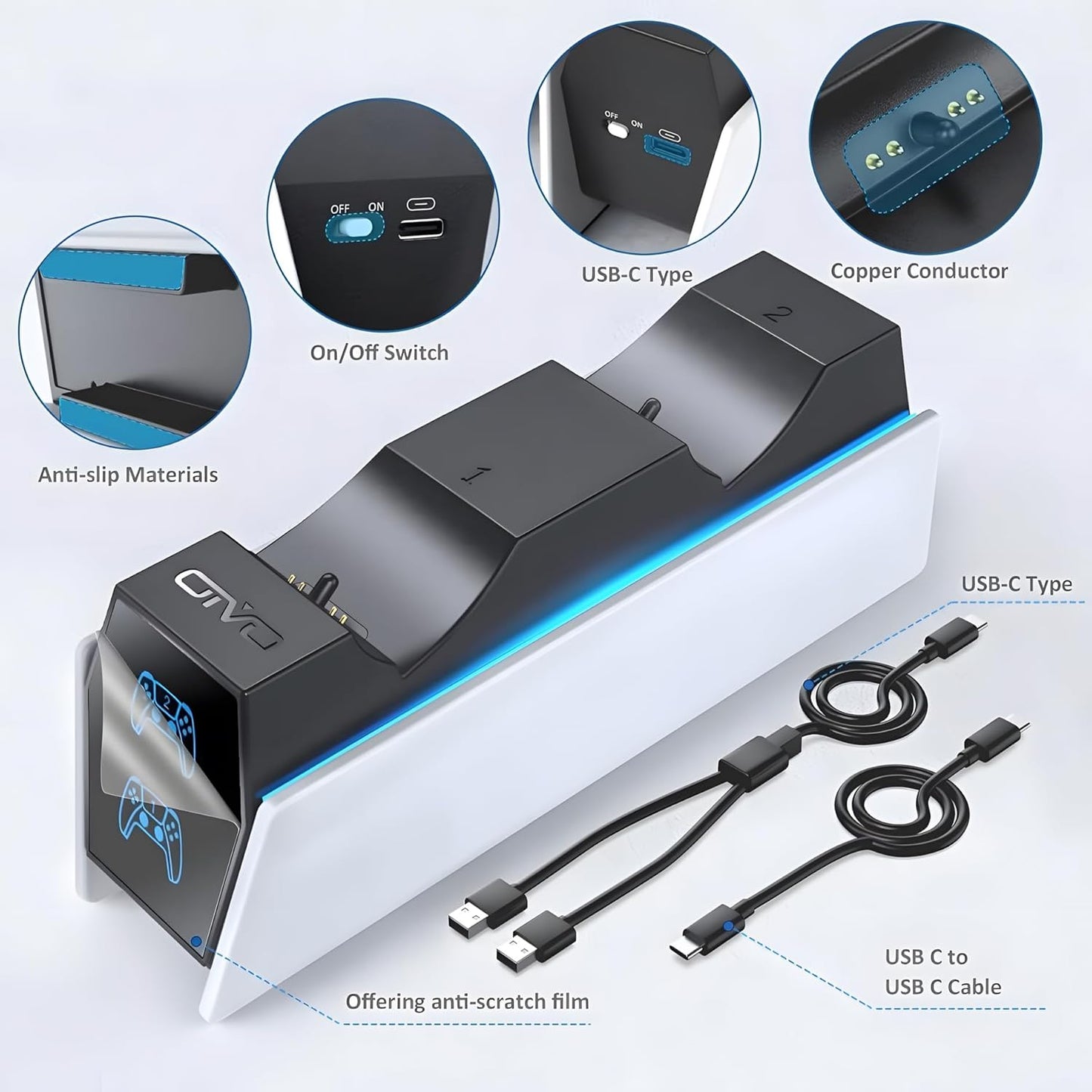 PS5 Charging Station - 2H Fast Controller Charger for Playstation 5 Dualsense, Upgrade Charging Dock with 2 Types of Cable for Dual Controllers