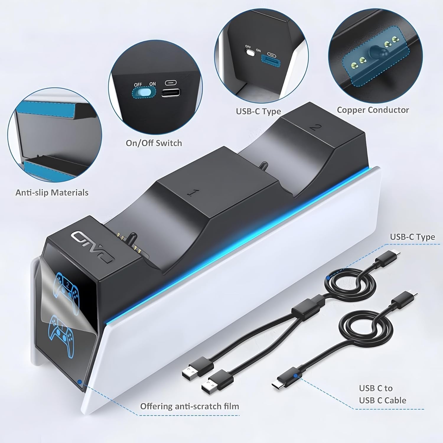 PS5 Charging Station - 2H Fast Controller Charger for Playstation 5 Dualsense, Upgrade Charging Dock with 2 Types of Cable for Dual Controllers