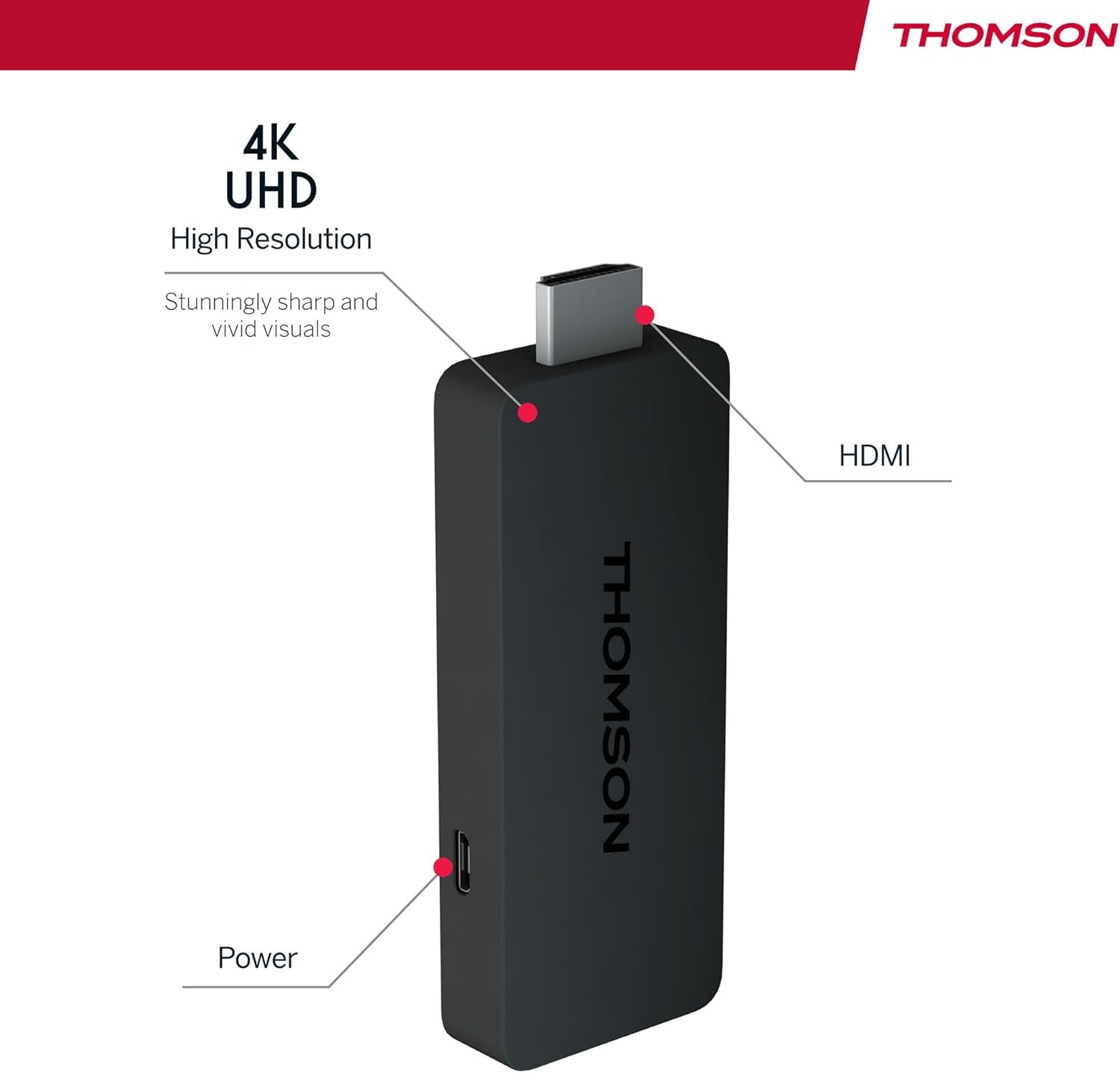 Streaming Stick 140UK, Google TV, 4K UHD, Google Assistant, Googlecast, Wi-Fi, Bluetooth 5.0, HDMI, Dolby Atmos, DTS Digital Surround, HDR10, 2 GB RAM, 8 GB Memory