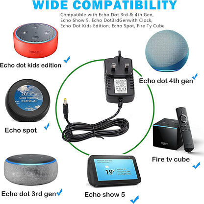 15W Power Supply Black, Compatible with Echo Dot (3Rd / 4Th / 5Th) Gen Dot with Clock Dot Kids Edition Show 5 (1St & 2Nd Gen) Spot Pop Fire TV Cube Power Cord