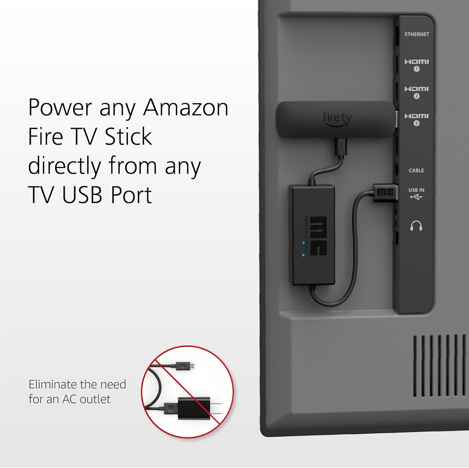 Mission USB Power Cable for Amazon Fire TV (Eliminates the Need for AC Adapter)