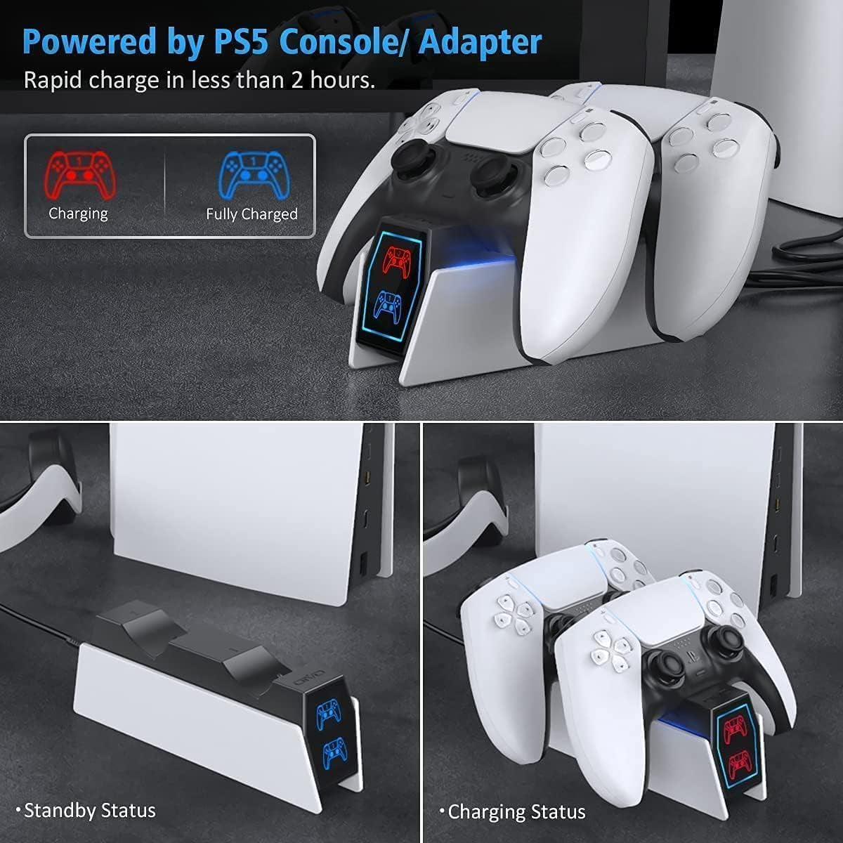 PS5 Charging Station - 2H Fast Controller Charger for Playstation 5 Dualsense, Upgrade Charging Dock with 2 Types of Cable for Dual Controllers