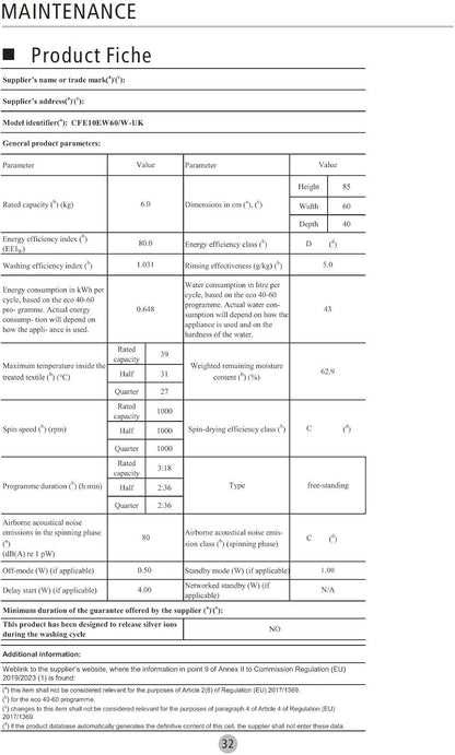 Freestanding Washing Machine,6Kg Load,Heat Wash 90℃,Quick Wash,15 Washing Programs,White-Cfe10Ew60/W