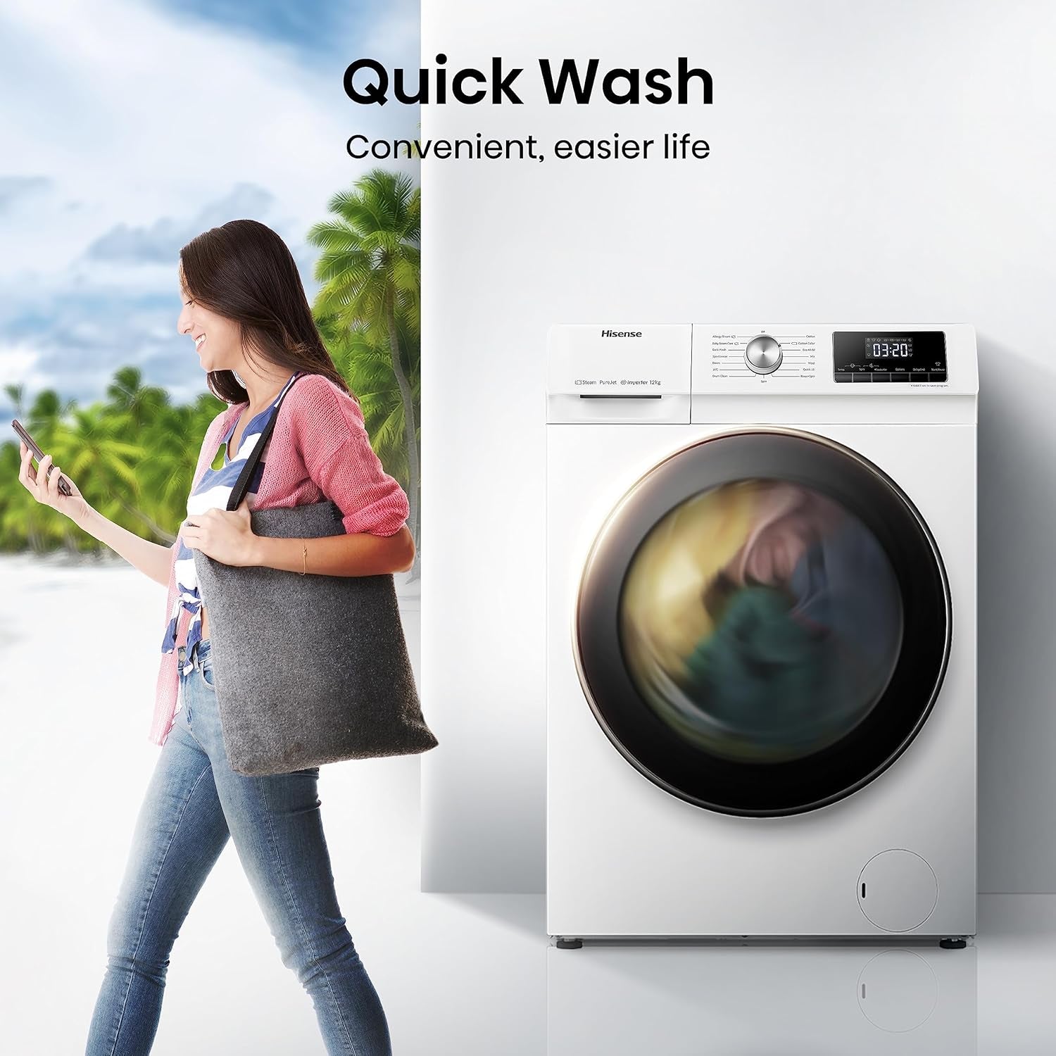 WFQA1214EVJM Freestanding 12 KG Front Load Washing Durable Inverter Machine Steam Wash Quick Wash 15 Washing Programs 1400 RPM White Energy Rating A