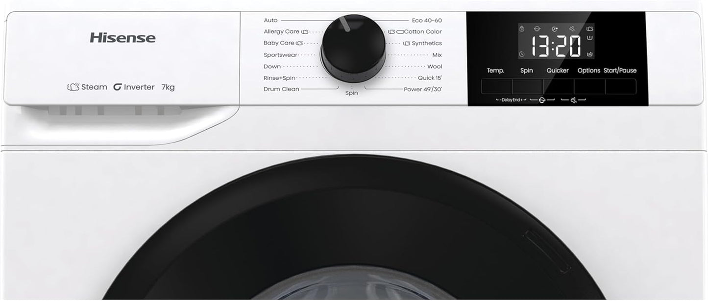 WF1G7021BW Freestanding 7 Kg-Front Load Durable Inverter Washing Machine, Steam Wash-Quick Wash-15 Washing Programs-1200 Rpm-White-Energy Rating B