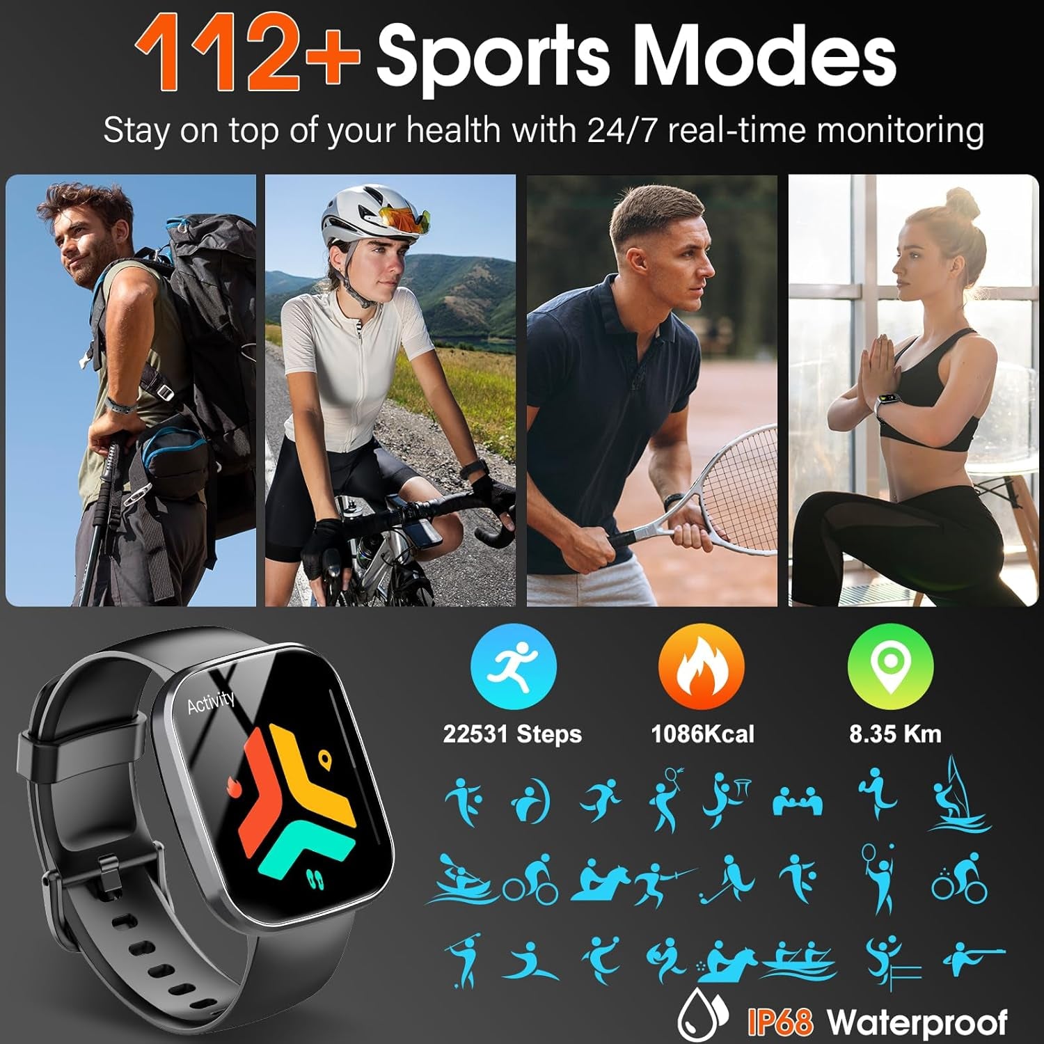 Smart Watch for Men Women(Answer/Make Calls), 1.91" Touch Smartwatch, 110+ Sport Activity Tracke with Heart Rate Sleep Monitor Step Counter, IP68 Waterproof Fitness Watch for Android Ios, Black