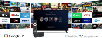 Streaming Stick 140UK, Google TV, 4K UHD, Google Assistant, Googlecast, Wi-Fi, Bluetooth 5.0, HDMI, Dolby Atmos, DTS Digital Surround, HDR10, 2 GB RAM, 8 GB Memory