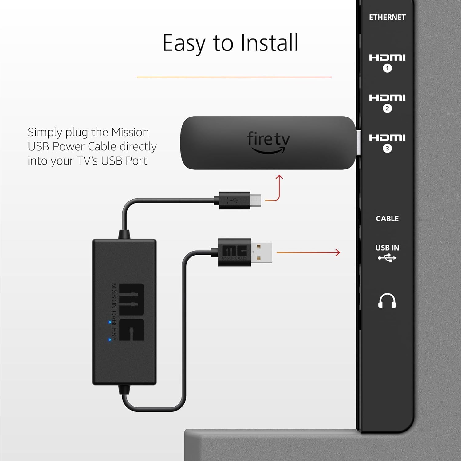 Mission USB Power Cable for Amazon Fire TV (Eliminates the Need for AC Adapter)