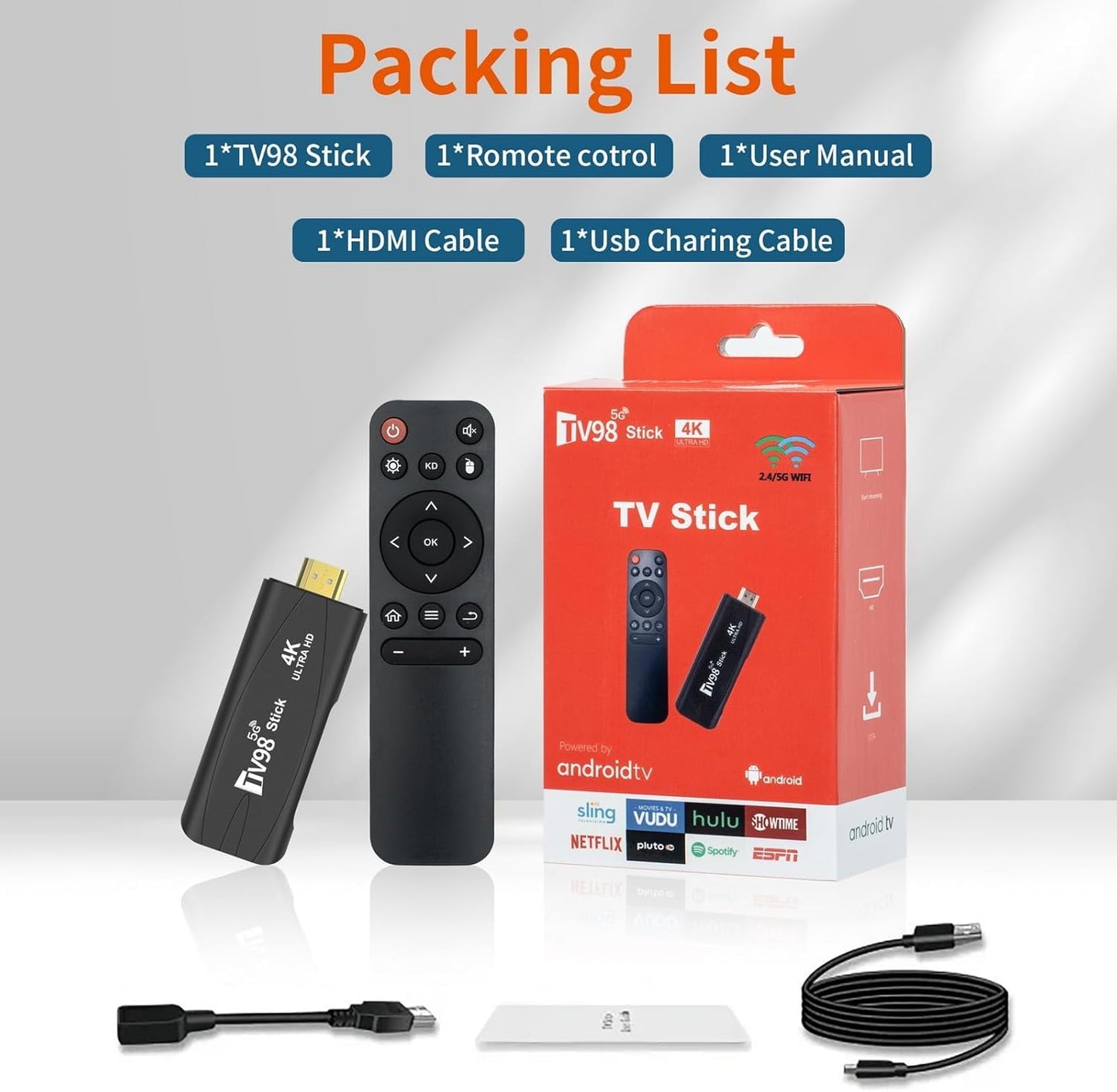 Android TV Stick 4K Mini Smart Tv Box DDR4 2GB RAM 16GB Quad-Core 64Bit Dual 2.4G/5G Wifi HDR10+ Ultra USB HD Smart TV STICK Box Streaming Media (Basic)