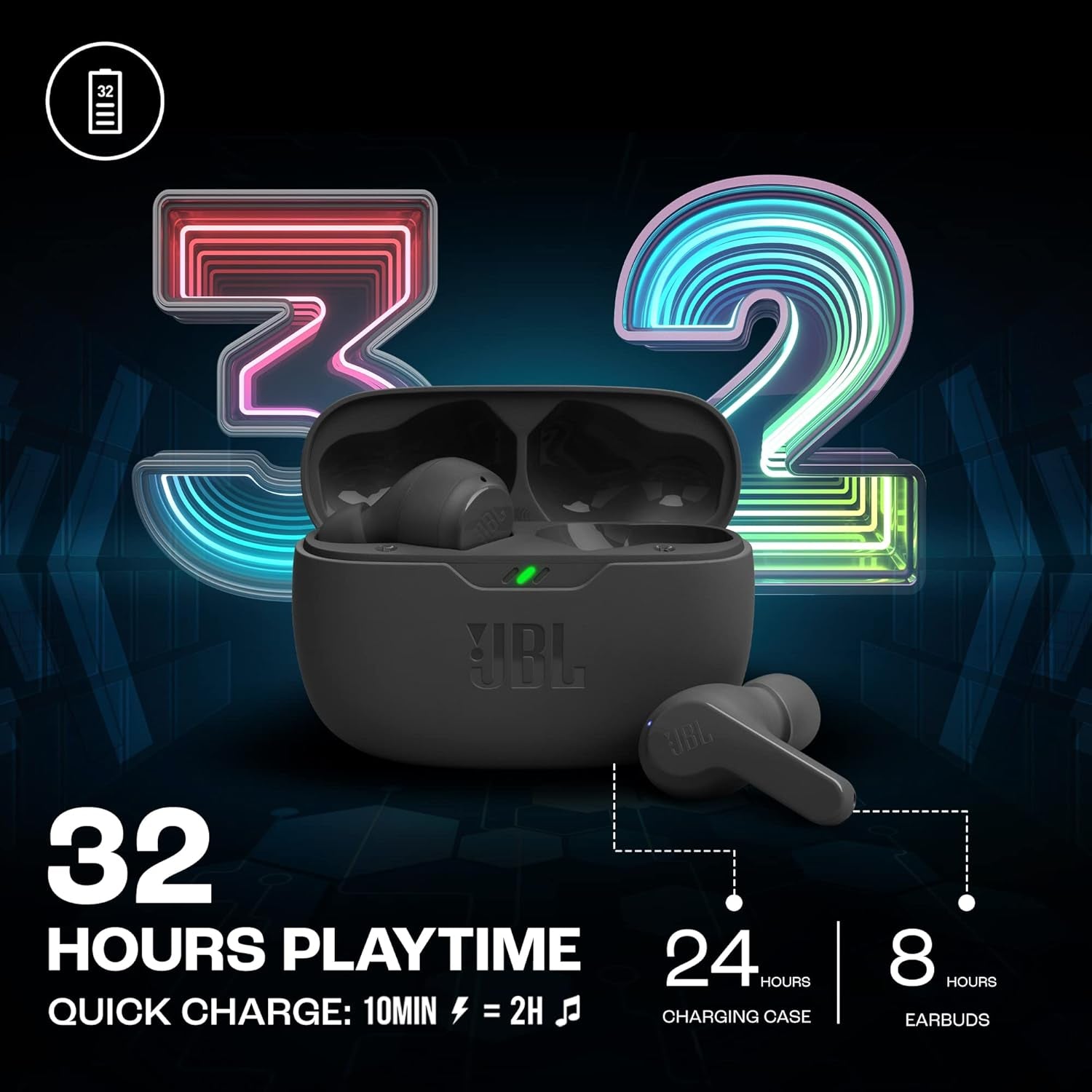 Wave Beam In-Ear Wireless Earbuds with IP54 and IPX2 Waterproofing, Hands-Free Calling and 32-Hour Battery Life, Black