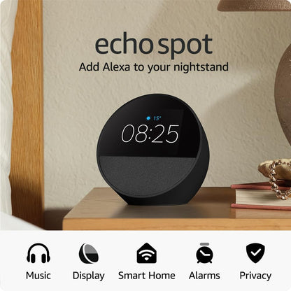 Echo Spot (2024 Release), Smart Alarm Clock with Vibrant Sound + Alexa, Black