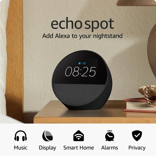 Echo Spot (2024 Release), Smart Alarm Clock with Vibrant Sound + Alexa, Black