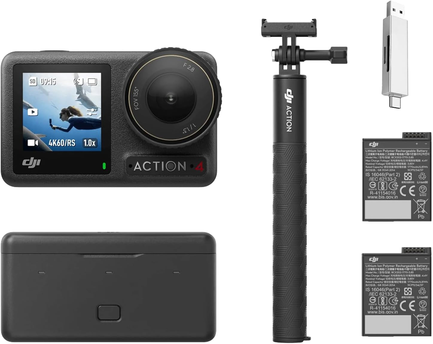 Osmo Action 4 Essential Combo, Action Camera 4K/120Fps with a 1/1.3-Inch Sensor, Stunning Low-Light Imaging Underwater Camera, 10-Bit & D-Log M Color Performance Vlogging Camera, 1770Mah Battery