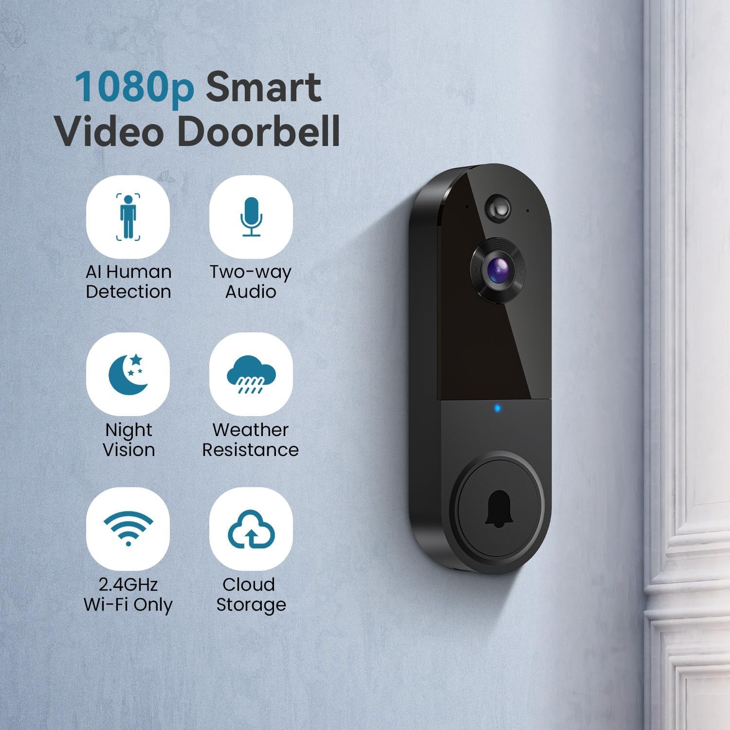1080P Wireless Video Doorbell Camera, AI Human Detection, Night Vision, 2-Way Audio, Battery Powered, Cloud Storage, 2.4G Wifi, Indoor Outdoor Surveillance (Black)