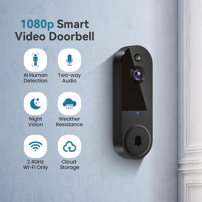 1080P Wireless Video Doorbell Camera, AI Human Detection, Night Vision, 2-Way Audio, Battery Powered, Cloud Storage, 2.4G Wifi, Indoor Outdoor Surveillance (Black)