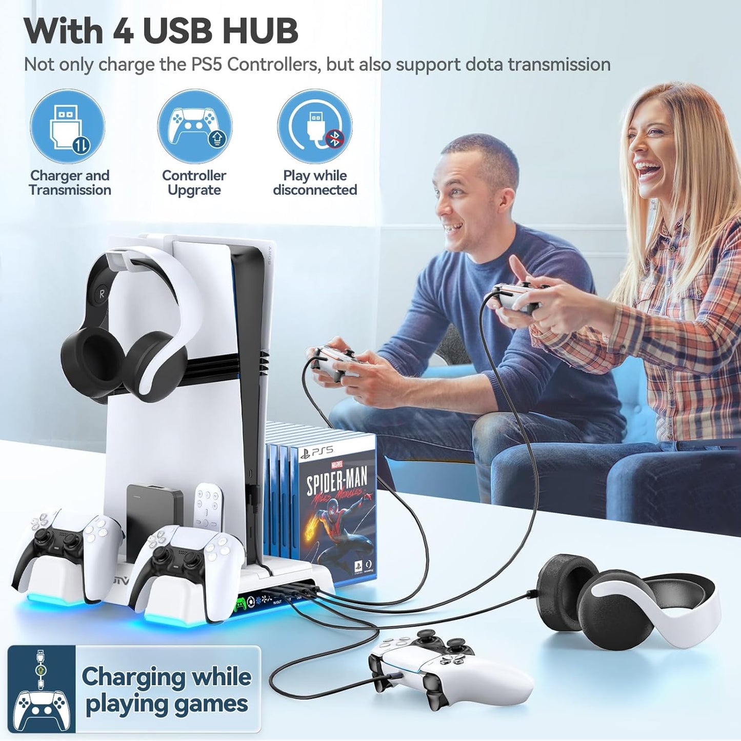 Ps5/Slim/Pro Stand and Cooling Station with LED Controller Charging Station for Playstation 5 Console, Controller Charger, Cooling Stand, Ps5/Slim/Pro Accessories Kit with 3 Level Cooler Fan