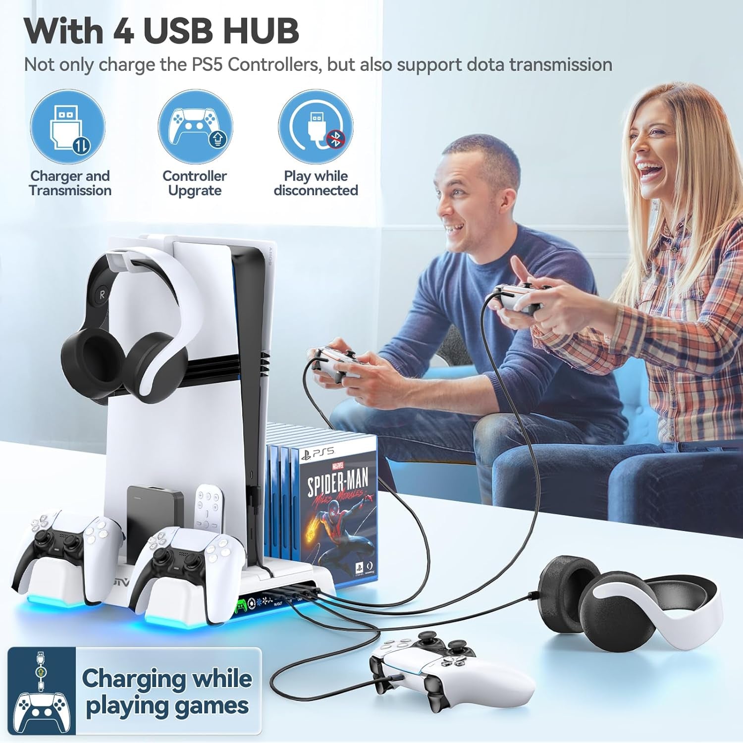 Ps5/Slim/Pro Stand and Cooling Station with LED Controller Charging Station for Playstation 5 Console, Controller Charger, Cooling Stand, Ps5/Slim/Pro Accessories Kit with 3 Level Cooler Fan