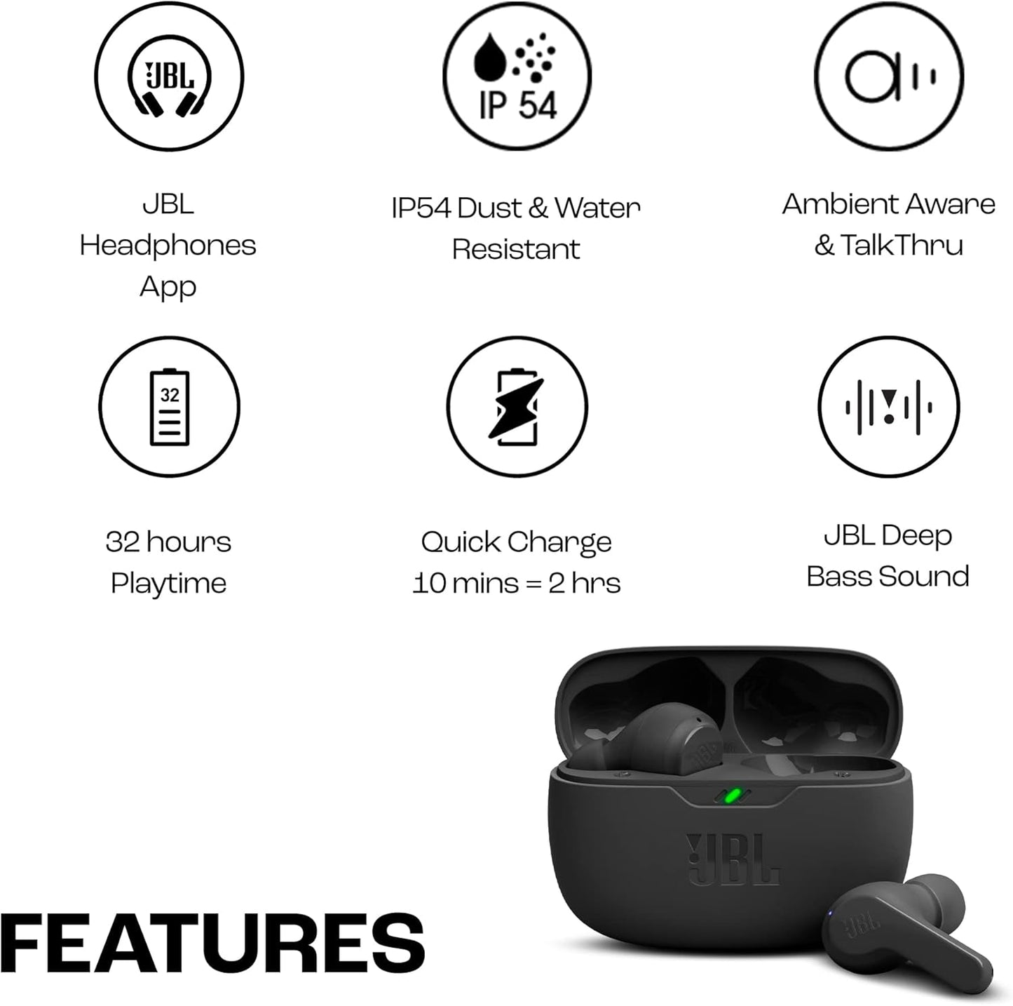 Wave Beam In-Ear Wireless Earbuds with IP54 and IPX2 Waterproofing, Hands-Free Calling and 32-Hour Battery Life, Black