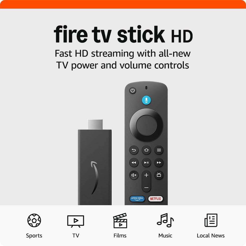 Fire TV Stick HD (Newest Gen), Free and Live TV, Alexa Voice Remote, Smart Home Controls, HD Streaming