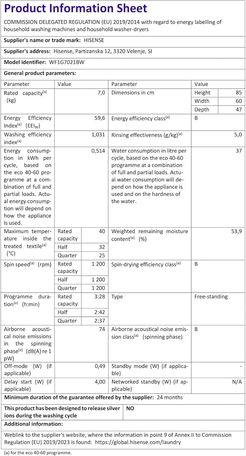 WF1G7021BW Freestanding 7 Kg-Front Load Durable Inverter Washing Machine, Steam Wash-Quick Wash-15 Washing Programs-1200 Rpm-White-Energy Rating B