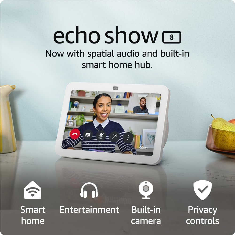 Echo Show 8 (Newest Gen) | HD Smart Touchscreen with Spatial Audio, Smart Home Hub and Alexa | Glacier White