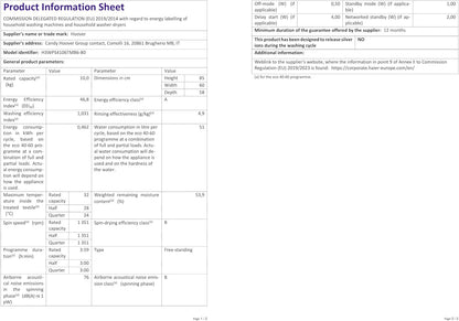 H-WASH 350 10Kg Freestanding Washing Machine, 1400 RPM, a Rated, Eco-Power Inverter Motor, Hon App, 60 Programmes, Eco Doser, Power Care System, White, 60X58X85 Cm - H3WPS4106TMB6-80